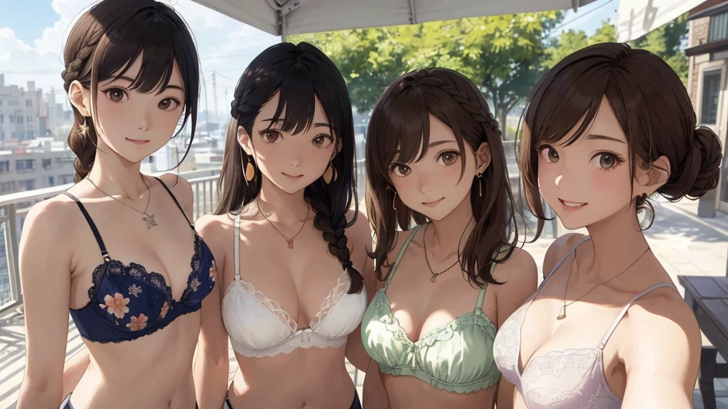 Balcony of a high rise apartment・Balcony(Highest quality、masterpiece、High resolution)、(Sargent-style watercolor)、(Anime Art)、Old school building、((Multiple women、Everyone is standing, got in line))、(Detailed depiction of a beautiful face)、A kind smile、Medium Short Hair、Dark Brown Hair、Braiding、、drink tea、Cinematic Light、Soft sunlight、、White bra and underwear set、Or a set of black bra and underwear、Or a set of red bra and underwear、Or a set of blue bra and underwear、Or wearing a purple bra and underwear set, Or a set of orange bra and underwear、、Floral bra、Floral underwear(,1.8)。whole bodyが写る(1.8)
information(Highest quality:1.2)、Very detailed、High resolution、masterpiece:1,2、Bright colors、Bokeh、Professional Lighting、Physically Based Rendering、Flat Color:0.8、Great illustrations、Realistic:1.37、Makoto Shinkai style、Name Style、Light Brown Hair、Elegant update、Short Bob、Three young women in casual clothes、Laugh together、Dynamic poselip、cheek(Dark Brown Hair/)bangs、cheek(direction)、(最高masterpiece1.2)繊細なイラストVery detailed、Breaking the Blue Sky、Detailed Background、20-year-old female、whole bodyが写る、A shy smile、Through clenched teeth、Through clenched teeth、lip、cheek(Flat Color: 0.8)、(masterpiece: 1,2)、(masterpiece: 1,2)、High resolution、超High resolution、Highest quality、High resolution、Ultra-thin illustration、Makoto Shinkai style、Your name is style、Short Bob、necklace、Earrings、Dynamic pose、Selfie、whole body、Brown Hair、Braiding、Hair Bun、ponytail・Hair Bunスタイル、necklace、Valletta、ribbon、Earringsアニキュア,。