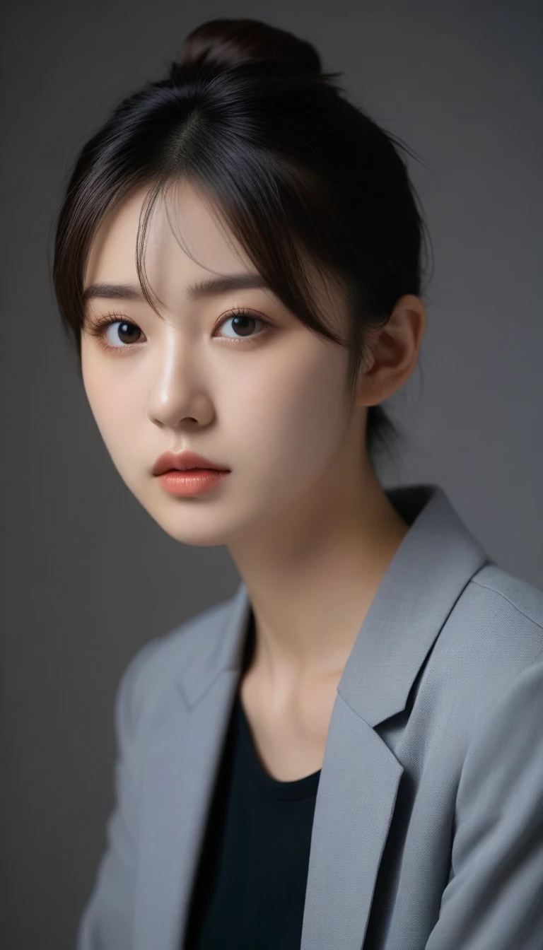 8k, Ultra-high resolution, Highest quality, masterpiece, 三分割法によるphotograph,Surreal, photograph, 1 Girl, (:1.3), pretty girl, Cute Face, Beautiful eyes in every detail, 細かくdetailedに,masterpiece,One Girl:1.2, Japan Female Announcer,full body,sad,streaming tears,Black short hair,Messy bun hair,(black suit:1.3),Nun's clothing,Black Pencil Skirt,(印象派の美しい少女のPortraiture), (Gray background:1.3),(Impressionist light and colour),Dedication to God,Beautiful leg line beauty,Realistic Skin, Perfect and beautiful face ,完璧でCute Face, Skin with attention to detail, Perfect limbs、Narrow waist,Looking at the audience、beauty,Long neck,clavicle,(((Ideal body type))),A cup small breasts :2,Portraiture:2,Perfect Anatomy,鮮明なdetailed,detailed,Surreal,Light and shadow,spotlight