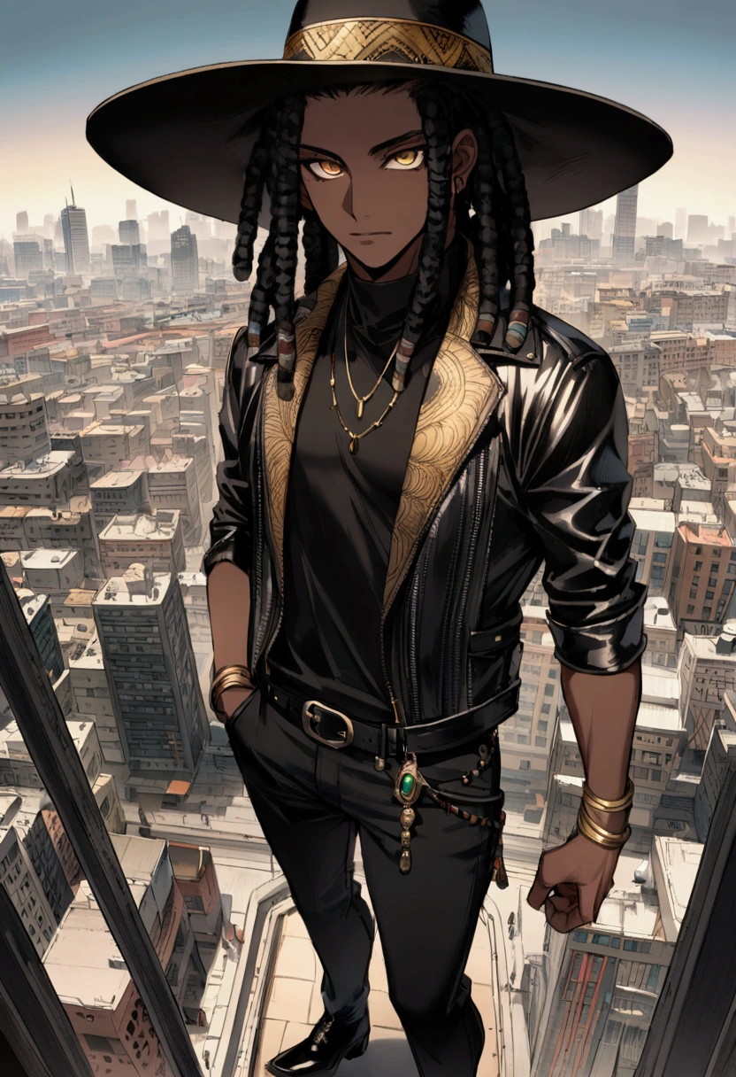 1 man, long black hair with dreadlocks, gold eyes, dark skinned, African, wearing black cowboy hat, black leather jacket, black shirt, black jeans, black boots, athletic constitution, city, looking at the viewer