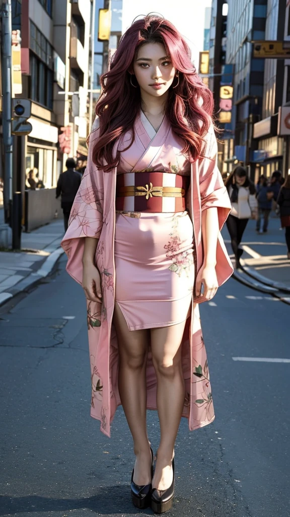 Cute Japanese woman, (), (very cute face), white moisturized skin, looking at the camera, melancholy expression,
BREAK,
Idol,
BREAK,
(wearing cute kimono: 1.3), (highly revealing kimono), very large earrings, short length,
BREAK,
(long hair), (pink hair: 1.4), (wavy hair), (gradient hair: 1.3), (red hair at the end),
BREAK,
(realistic: 1.3), masterpiece, perfect lighting, (ultra-high resolution), (8K), (highly detailed: 1.4), (from the front), (full body: 1.4), (symmetrical: 1.2), (one shot),
BREAK,
(Shibuya city in Japan: 1.2),
BREAK,
(Demon Slayer: 1.4),
BREAK,