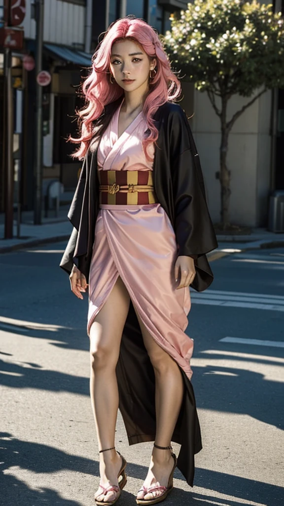 Cute Japanese woman, (), (very cute face), white moisturized skin, looking at the camera, melancholy expression,
BREAK,
Idol,
BREAK,
(wearing cute kimono: 1.3), (highly revealing kimono), very large earrings, short length,
BREAK,
(long hair), (pink hair: 1.4), (wavy hair), (gradient hair: 1.3), (red hair at the end),
BREAK,
(realistic: 1.3), masterpiece, perfect lighting, (ultra-high resolution), (8K), (highly detailed: 1.4), (from the front), (full body: 1.4), (symmetrical: 1.2), (one shot),
BREAK,
(Shibuya city in Japan: 1.2),
BREAK,
(Demon Slayer: 1.4),
BREAK,