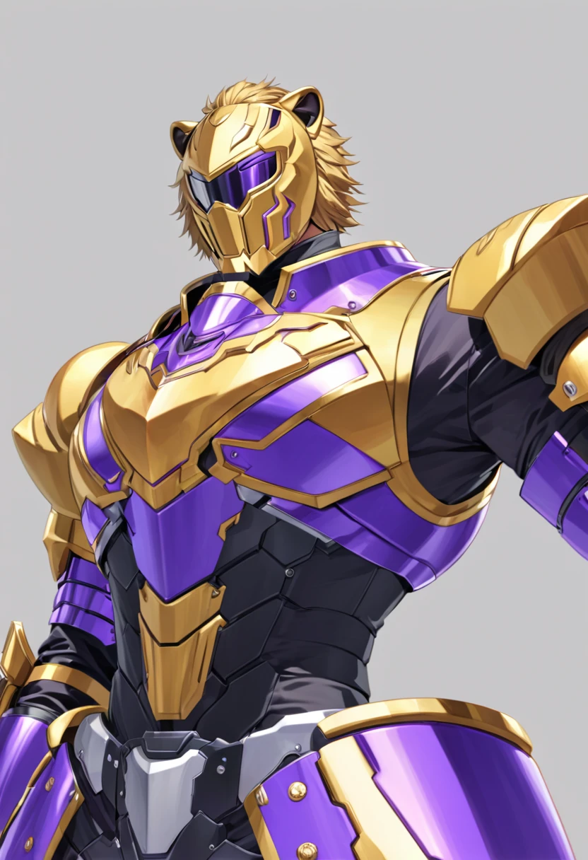 Kamen rider style armor, armor, lion themed, male, color purple, gold, helmet similar to a lions head