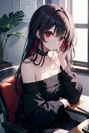 Commercial purposes, Next to Kasumigaoka, Black Hair, hair band, Long Hair, (Red eyes:1.5), smile,blush,Black Abyss Glasses,Off-the-shoulder sweater,Exposing shoulders,Bare neck,bare clavicle,Long skirt,Black Pantyhose,There is a computer on the desk.,touch typing,interior,Foliage plant,Sitting in a chair,大きな胸
break looking at viewer,
break indoors, workroom,
break (masterpiece:1.2), Highest quality, High resolution, unity 8k wallpaper, (shape:0.8), (Fine and beautiful eyes:1.6), Highly detailed face, Perfect lighting, Highly detailed CG, (Perfect hands, Perfect Anatomy),
