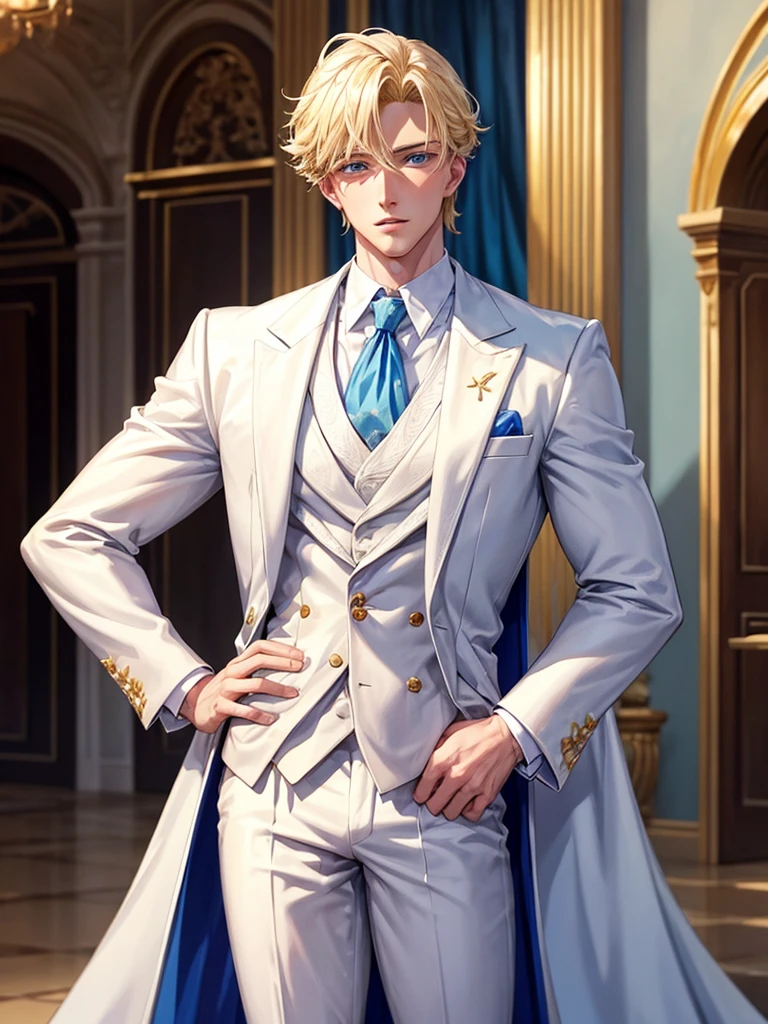 A blonde prince with blue eyes, tall and very handsome, with a white royal suit and a little muscular. 