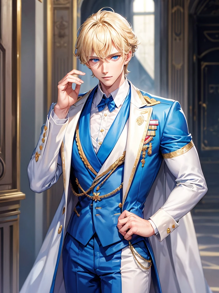 A blonde prince with blue eyes, tall and very handsome, with a white royal suit and a little muscular.