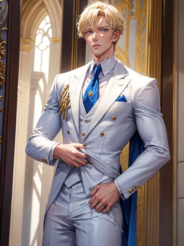 A blonde prince with blue eyes, tall and very handsome, with a white royal suit and a little muscular. 