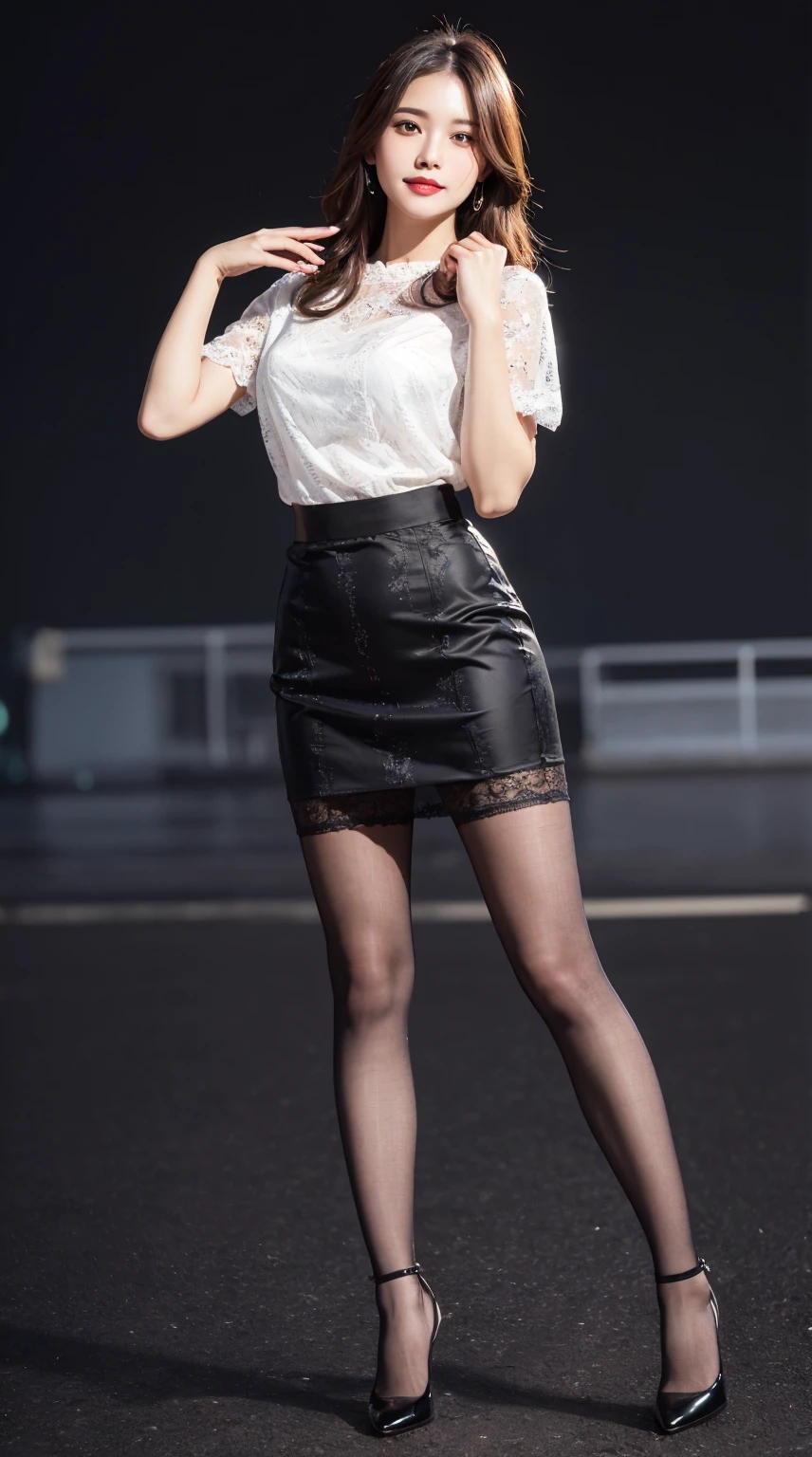 highest quality, masterpiece, 8K, ultra high resolution, (realistic: 1.4), 1 girl, beautiful face, symmetrical eyes, Japanese, smile, brown hair, perfect body proportions, full body, smile , large breasts, high heels, wearing makeup , pantyhose, (tight laced fabric blouse), ((black and white color lace fabric blouse)), ((silk black color skirt)), ((tight fitting skirt )), (laced short sleeve) , (city night, dark night, (blurred background), dim lights, cityscape, in the dark, deep shadow, model pose , (legs shown: 1.3)