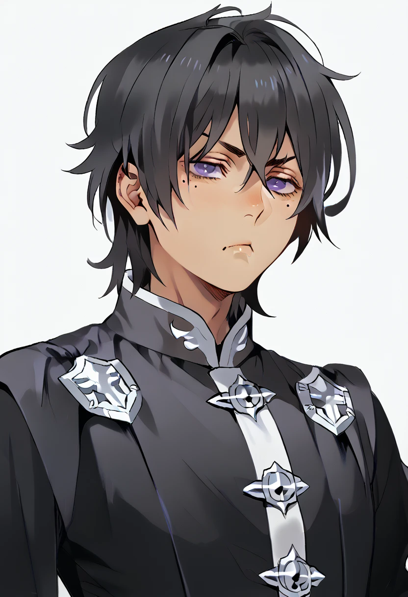 femboy, grumpy, messy hair, beauty marks, verry tanned, medium length hair, black hair, purple eyes, fantasy clothing, royal attire, black and white clothes.