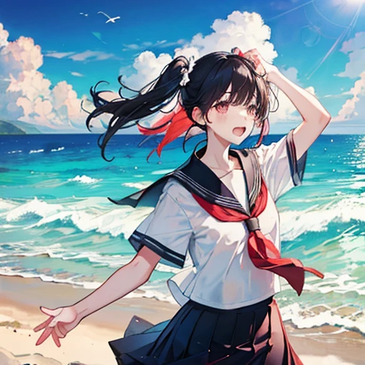 (low angle,from below),((masterpiece, highest resolution,best quality)),  (beautiful illustration), ((semi long beautiful black hair,blunt bangs,pony tail,beautiful eyes)),(solo),(Japanese high ,sailor,mini skirt),(looking at the viewer),  (walking on the beach),(innocent cute smile), (cinematic lighting),beach, sand, blue sky, waves, coconut tree,fish,boat,sea gull,