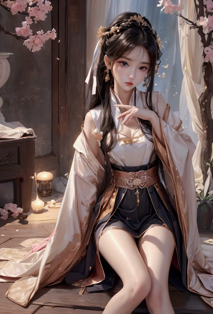 Best image quality、8k、masterpiece:1.3))、Realistic high-quality photos、Highest quality、 Beautiful face、Photos of slim models、Beautiful girl model、Young and pretty face、Beautiful model girl、A lovely and delicate face、Black Hair、Beautiful brown eyes、Young Body、Hanfu, (emphasize)、from the front、Camera gaze,、Anatomically correct、胸の谷間をemphasize、whole body、13-year-old female model、Exposed thighs