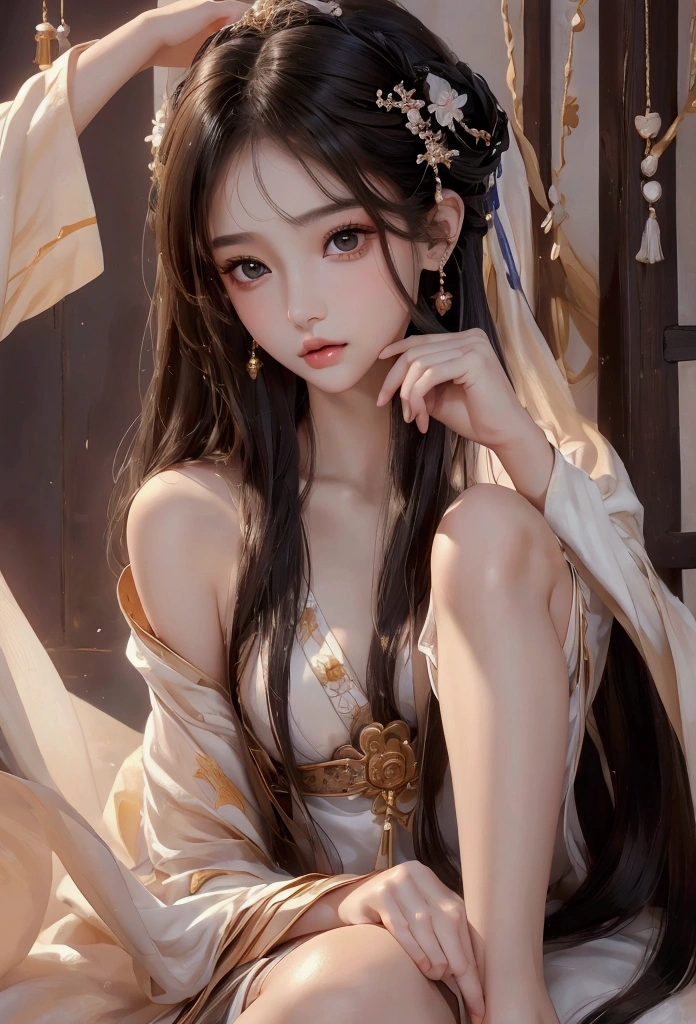 Best image quality、8k、masterpiece:1.3))、Realistic high-quality photos、Highest quality、 Beautiful face、Photos of slim models、Beautiful girl model、Young and pretty face、Beautiful model girl、A lovely and delicate face、Black Hair、Beautiful brown eyes、Young Body、Hanfu, (emphasize)、from the front、Camera gaze,、Anatomically correct、胸の谷間をemphasize、whole body、13-year-old female model、Exposed thighs