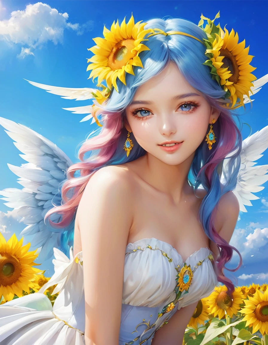 Close-up of a woman with blue hair and sunflowers, Beautiful angel, of an beautiful Angel Girl, Beautiful sunflower anime girl, Beautiful woman angel, of Beautiful angel, Beautiful fairy, beautiful Angel Girl portrait, portrait of a Beautiful angel, Angel Girl, Fantasy Beautiful, Beautiful fairyたち, Beautiful gorgeous digital art, Beautiful fantasy art portraits, Young One Angel, Beautiful digital art