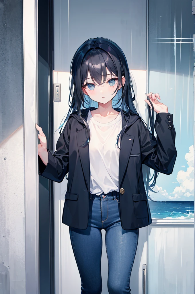 The background was changed to seaside，Push the door and pet a black dog，Hair is light blue，Black jacket，White shirt，Blue Jeans，rain