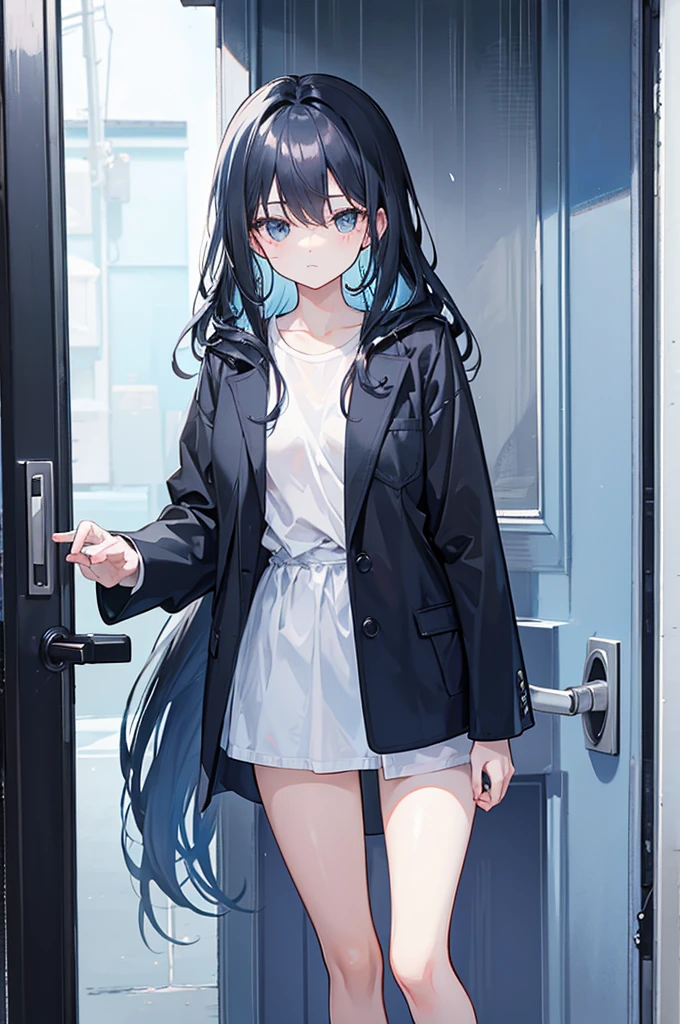 The background was changed to seaside,Push the door and pet a black dog,Hair is light blue,Black jacket,White shirt,Blue Jeans,rain