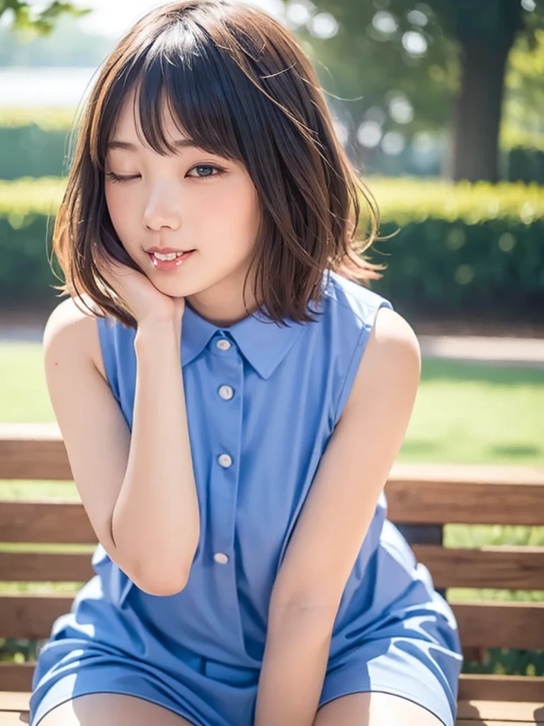 Highest quality, Realistic, 8k, High resolution, Full Color, One girl, woman, 20 years old woman, (Mouth closed:1.73), (Skin Dentition), (Portraiture:0.6), wood, Park bench, Dawn, ((Park Background:1.52)), Full Color, ((Sleeveless blue shirt:1.58)), View your viewers:1.8, (One girl eyes View your viewers:1.55), (Medium Hair, Brown Hair, Parted hair:1.45), (Bokeh), 