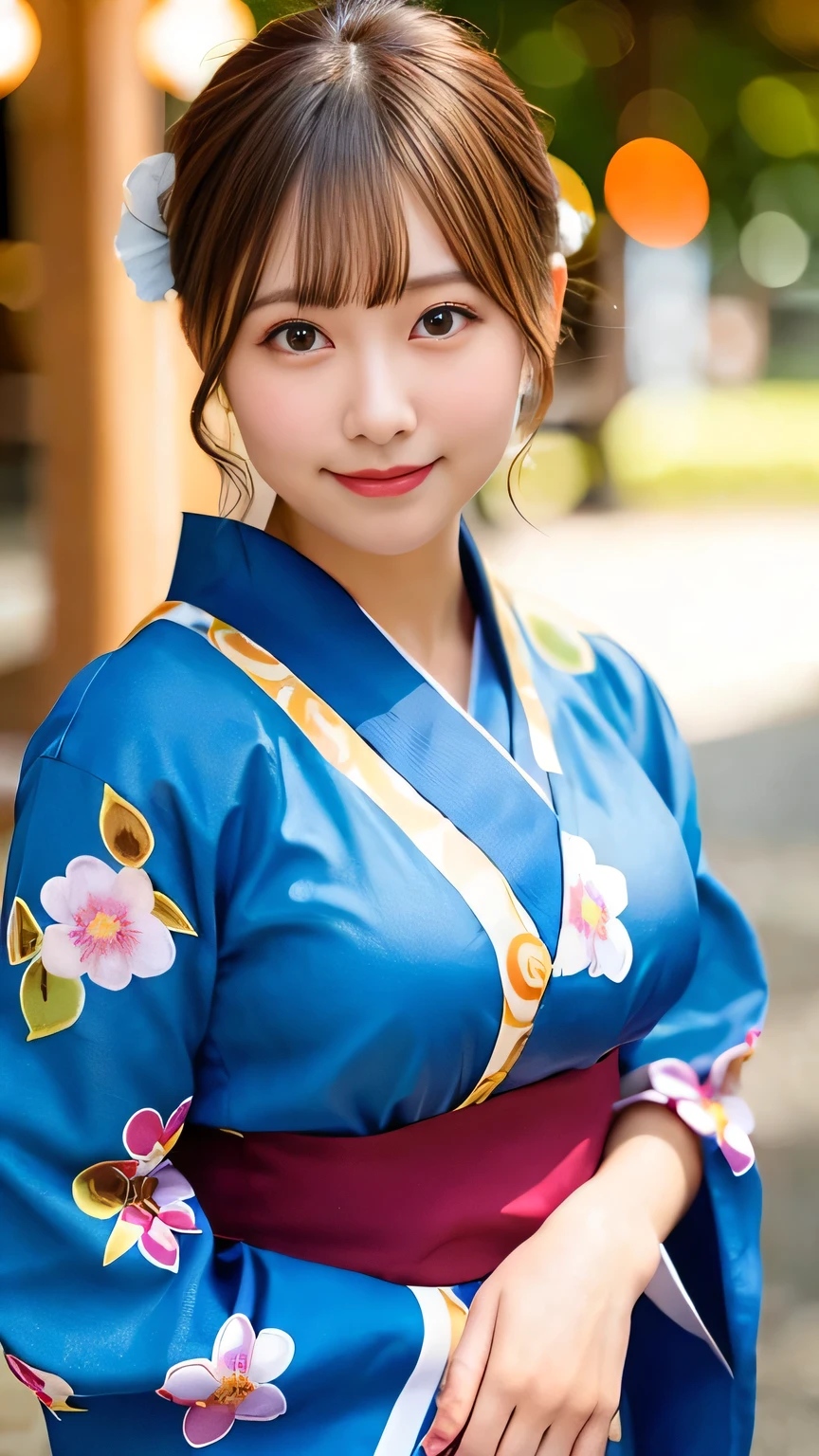 Perfect lighting, high quality, Tabletop, Portraiture, One Girl, Japanese girl, blue yukata, Big Breasts, Cleavage, Brown eyes, Light brown hair, Light Smile, Break Festival, Floral, generally, lanthanum, Red lips,short hair, Long sleeve, Dynamic pose, Motion Blur, heart, Outdoor rest, paper lanthanums, Realistic, alone, Summer festival,