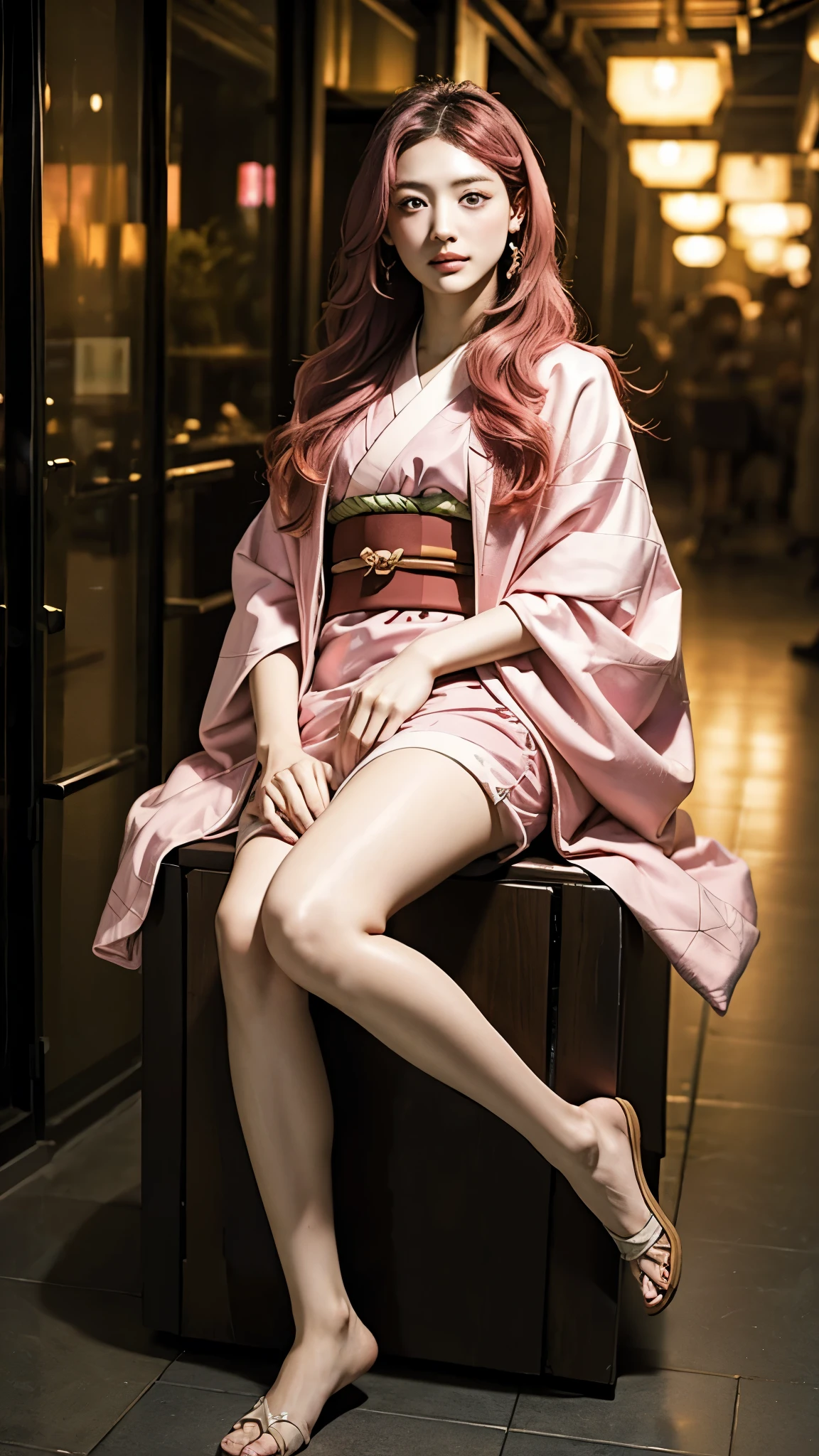 Cute Japanese woman, (16 years old), (very cute face), white moisturized skin, looking at the camera, melancholy expression,
BREAK,
Idol,
BREAK,
(wearing cute kimono: 1.3), (highly revealing kimono), very large earrings, short length,
BREAK,
(long hair), (pink hair: 1.4), (wavy hair), (gradient hair: 1.3), (red hair at the end),
BREAK,
(realistic: 1.3), masterpiece, perfect lighting, (ultra-high resolution), (8K), (highly detailed: 1.4), (from the front), (full body: 1.4), (symmetrical: 1.2), (one shot),
BREAK,
(Shibuya city in Japan: 1.2),
BREAK,
(Demon Slayer: 1.4),
BREAK,