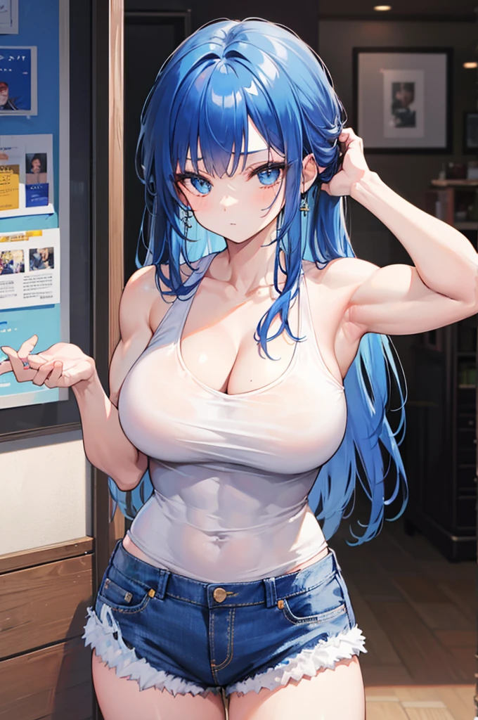 1girl, solo, (blue hair, long hair, bangs, blue eyes, cute face:1.0), (large breasts, muscular arms, muscular shoulders, muscles:1.2), (white shirt, cleavage, sleeveless, bare shoulders, bare arms, denim shorts), indoors