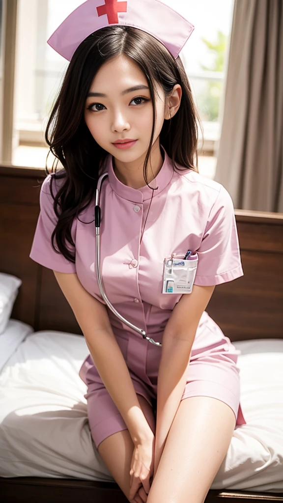 (masterpiece, Highest quality:1.2),alone,The eyes are exquisite and delicate,Brown Hair、Long Hair、Pink Lips,blue eyes,Big Breasts、Wavy Hair、(((White nurse uniform:1.5)))、Japanese