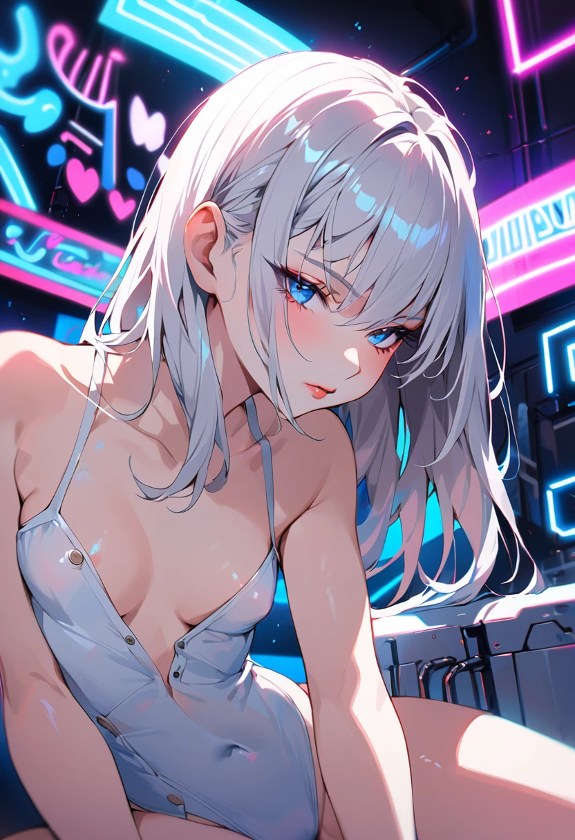Woman 30 years face close (Emily Ratajkowski POV), Short white hair, Side cut hair, Lip Filler, Tight low cut white swimsuit, Button unbuttoned, No buttons, Cybernetic Accessories, beautiful, Small breasts, close, Sensual pose, Hot and lustful desire, blue eyes, Neon Light, Abstract white background