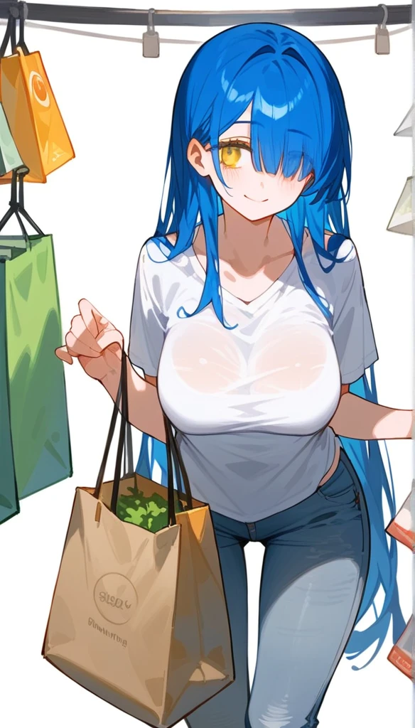 a beautiful girl with hair long blue hair, blue hair accents, and kawaii features, with visible eyes partially covered by bangs, large breasts, yellow slanted eyes, long bangs covering one eyes, (wearing a plain loose t-shirt, Wearing long tight jeans) (wearing a thick coat of long brown)  posing with a soft smile  white background with the right eye visible Beautiful perfect eyes Eye color yellow But the apron is a little loose (The pose of the right hand holding a shopping bag, the pose of the left hand hanging down, rests on the side of the thigh)