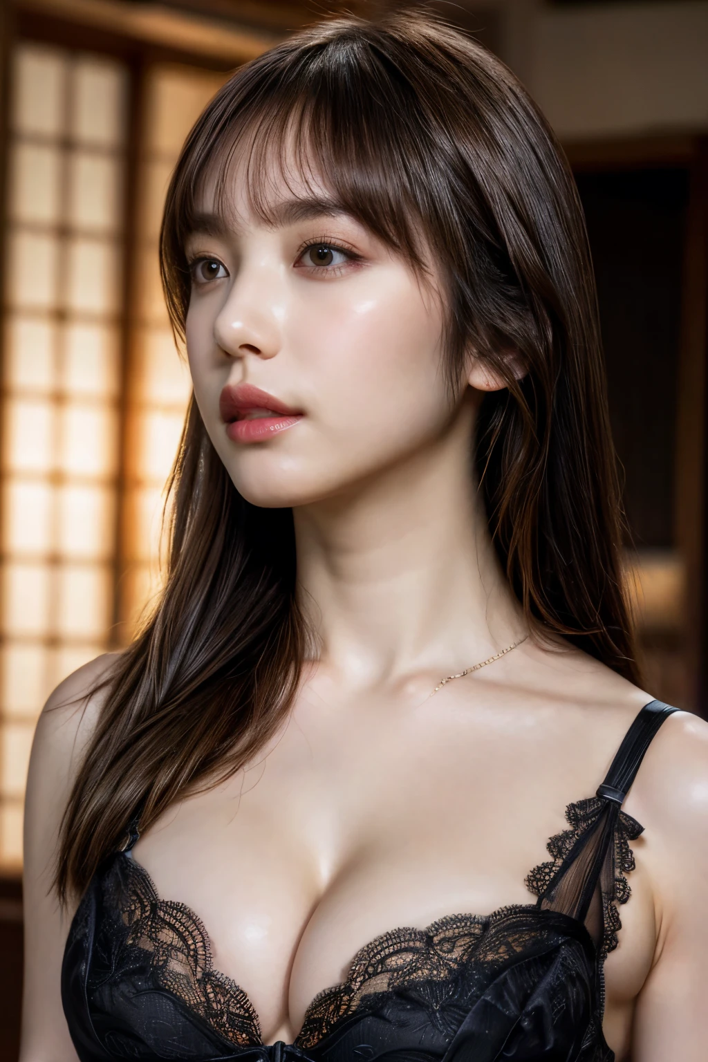 (nsfw:-2), (realistic, photo-realistic:1.4), (masterpiece, best quality:1.2), RAW photo, high resolution, intricate details, extremely detailed, realistic and sharp details, cinematic lighting, portrait, face focus, (bust shot:1.5), frontal photography, solo, 1girl, a Japanese adult woman, (detailed face, beautiful detailed eyes, sophisticated nose), pale skin, collarbone, necklace, jewelry, (huge breasts, cleavage:1.4), (black lingerie, tiny bra, tiny thong, thin strap, sleeveless:1.5), photo background, indoors,,,[Yuuki Yoda, Nogizaka46]