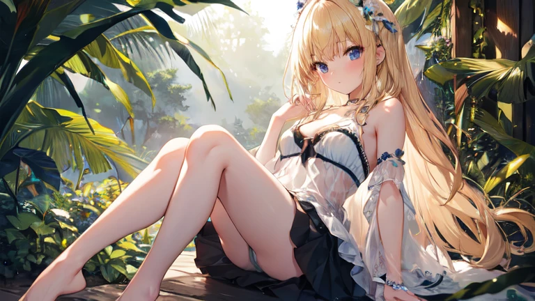 super high quality, Super detailed, Ultra-clear, forest, one person, long blonde hair, sleep, Swimsuit, Clothes with intricate details, mini skirt, Stockings, Tight underwear