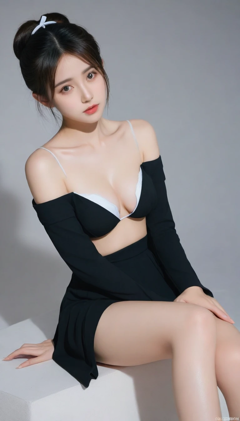 8k, Ultra-high resolution, Highest quality, masterpiece, 三分割法によるphotograph,Surreal, photograph, 1 Girl, (:1.3), pretty girl, Cute Face, Beautiful eyes in every detail, 細かくdetailedに,masterpiece,One Girl:1.2, Japan Female Announcer,full body,sad,streaming tears,Black short hair,Messy bun hair,(black suit:1.3),Nun's clothing,Black Pencil Skirt,(印象派の美しい少女のPortraiture), (Gray background:1.3),(Impressionist light and colour),Dedication to God,Beautiful leg line beauty,Realistic Skin, Perfect and beautiful face ,完璧でCute Face, Skin with attention to detail, Perfect limbs、Narrow waist,Looking at the audience、beauty,Long neck,clavicle,(((Ideal body type))),A cup small breasts :2,Portraiture:2,Perfect Anatomy,鮮明なdetailed,detailed,Surreal,Light and shadow,spotlight
