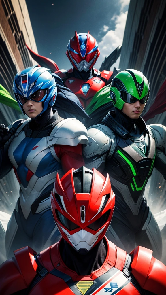 (masterpiece, Best image quality),Five men and women, Five heroes wearing red, blue, green, white and black suits, (Dynamic pose | Element Surround:1.2), Low angle view, Very detailed, Background of the metropolis, intense, Outdoor, Power Ranger, Squadron,