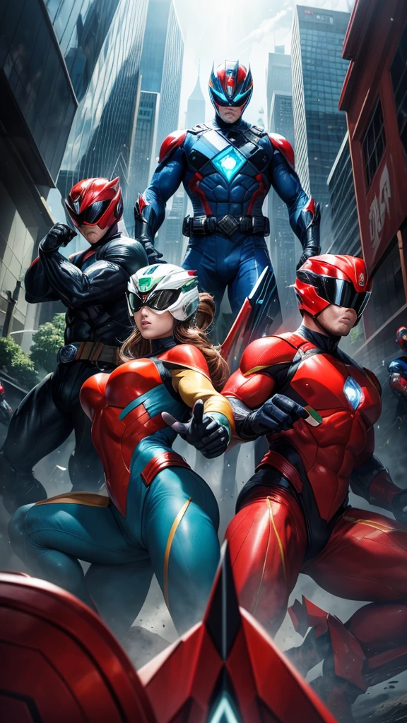 (masterpiece, Best image quality),Five men and women, Male hero wearing a red suit, Male hero wearing a blue suit, Female hero in a green suit,Female hero wearing a white suit,Male hero wearing a black suit, (Dynamic pose | Element Surround:1.2), Low angle view, Very detailed, Background of the metropolis, intense, Outdoor, Power Ranger, Squadron,