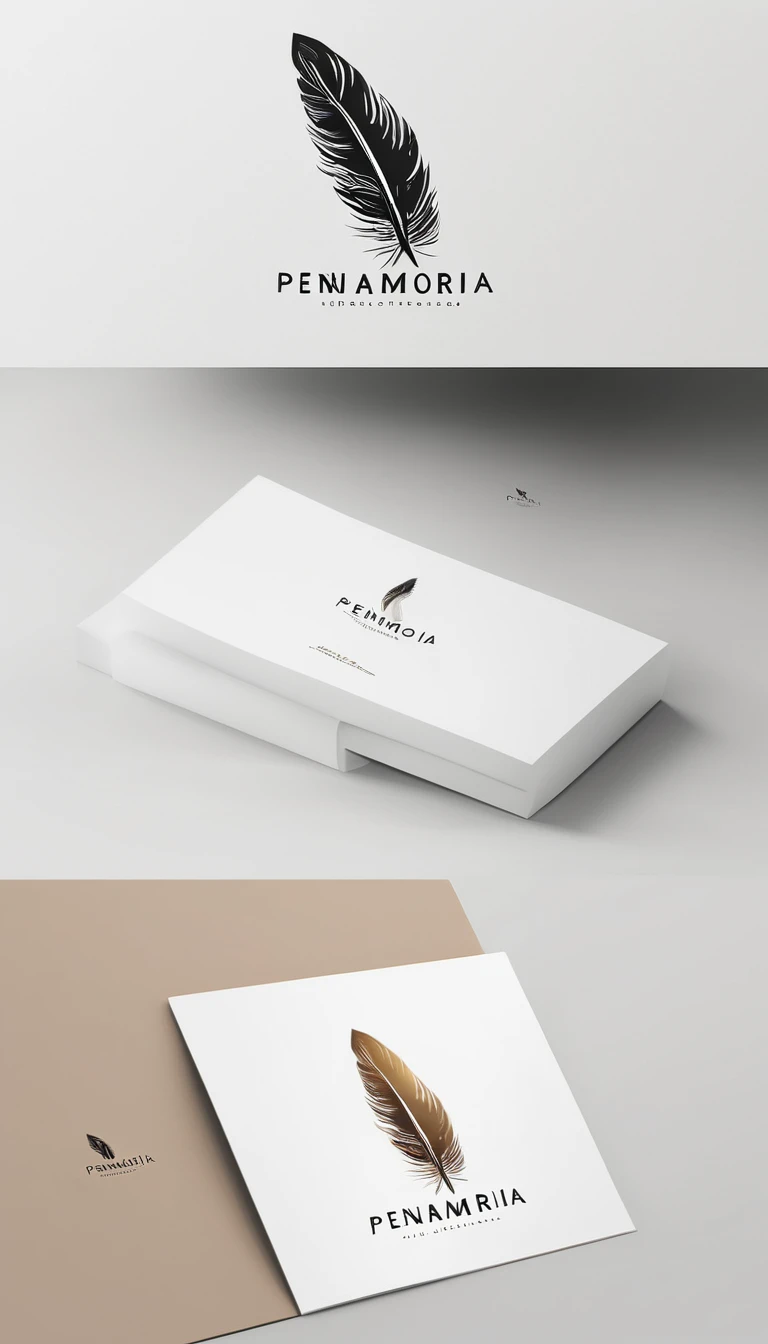A minimal, modern, simple, cinematic logo design for the brand “Penamemoria". Create a modern, minimalistic, high-quality, masterpiece, fantastic, poetic feather that symbolizes dreams and stories.