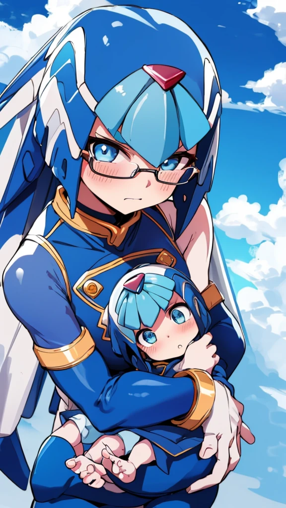 Leviathan_Megamanz, 1 Girl ,Looking at the viewer , blue hair, Blue eyes,Clouds background , Blushed, Wedding ring, Glasses, Holding a baby girl in hands