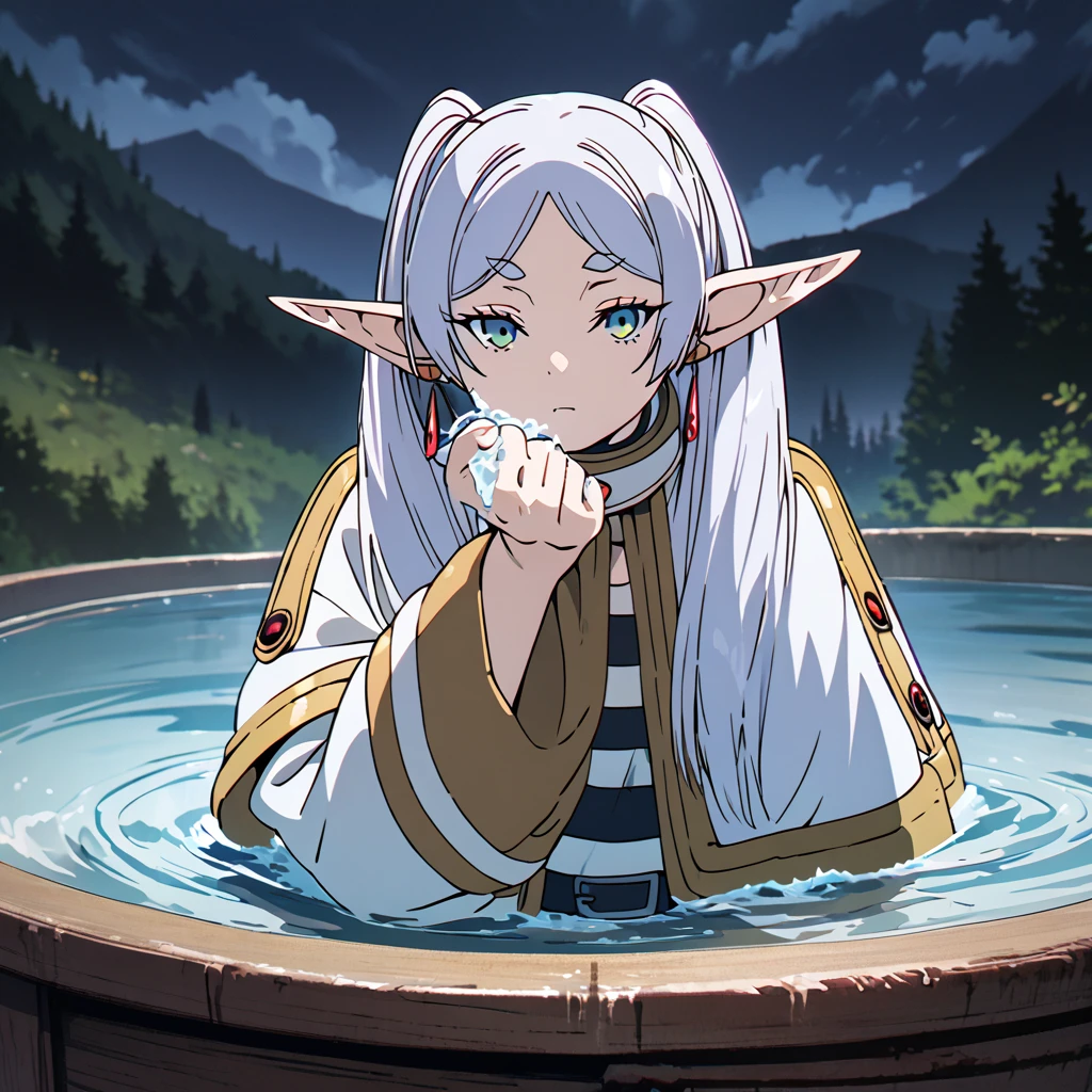 masterpiece, best quality, 4k、2D illustration, one beautiful girl, solo, frieren, pointy ears, elf, earrings, twintails, parted bangs, grey hair, thick eyebrows、((Serious Situations))、((serious face))、speaking something, ((long beautiful hair)), , standing, beautifully detailed eyes、((looking at viewer)), ((a basin of water in her hand)), ((sousou_no_frieren))、((close up shot))、((wilderness background))、((night))、((cloudy sky))、 