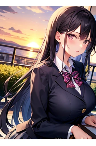 {masterpiece}, {Highest quality},1 girl,School_uniform,sunset,Big Breasts、Long black hair