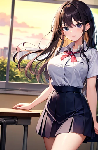 {masterpiece}, {Highest quality},1 girl,School_uniform,sunset,Big Breasts、Long black hair