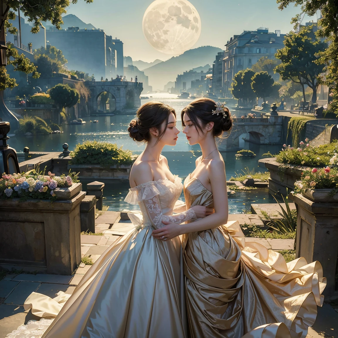 (masterpiece, highest quality, official art, beauty and aesthetic:1.5), perfect anatomy, two stunning bride is deeply in love with each other, kiss, romantic atmosphere, flower and moon, magnificent panorama view