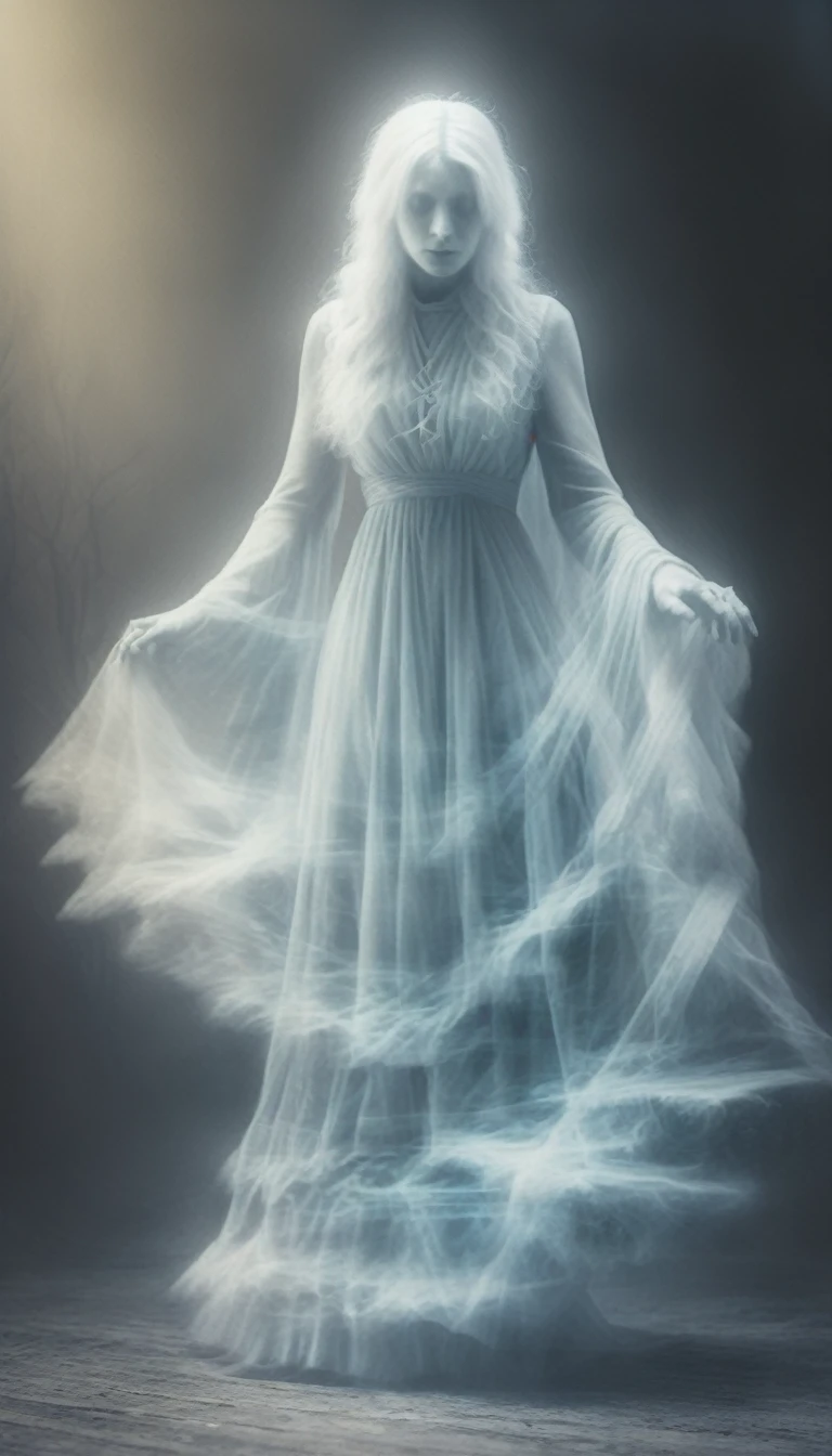 a woman ghost in a dress is dancing, 　　　　　　　A girl made of ice, with a translucent, blue-white body emitting cold, her eyes icy and crystalline, standing in a frozen landscape with glittering ice formations and falling snowflakes