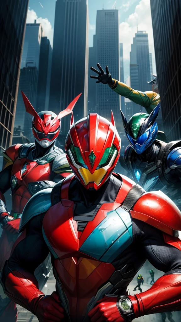 (masterpiece, Best image quality),Five men and women, Five heroes wearing solid color suits: red, blue, green, white, and black., (Dynamic pose | Element Surround:1.2), Low angle view, Very detailed, Background of the metropolis, intense, Outdoor, Power Ranger, Squadron,