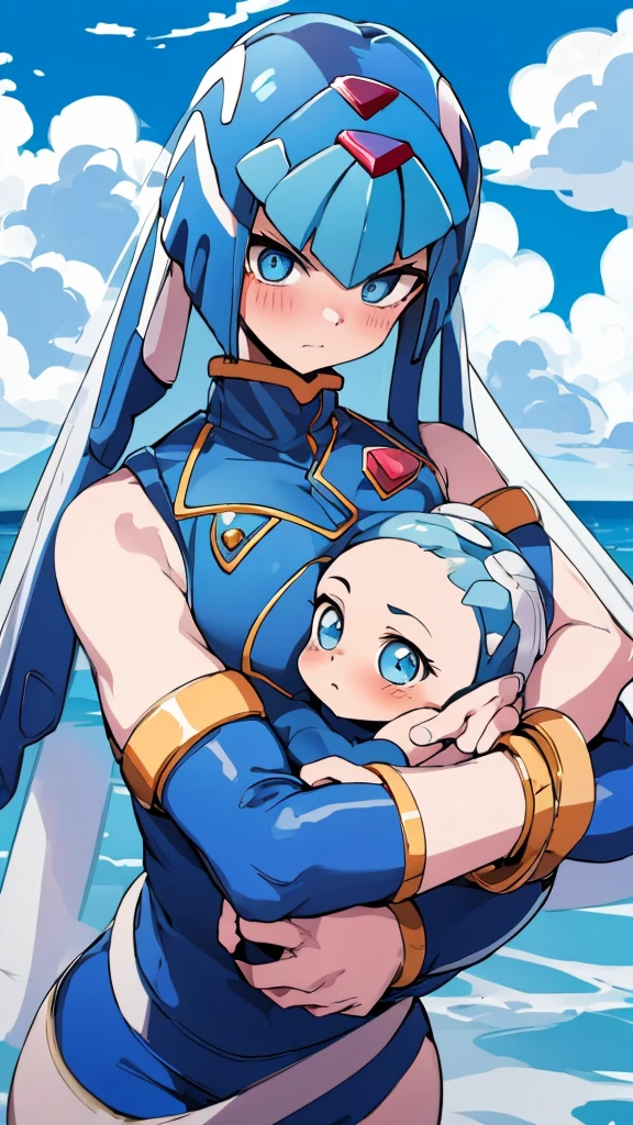 Leviathan_Megamanz, 1 Girl ,Looking at the viewer , blue hair, Blue eyes,Clouds background , Blushed, Wedding ring, Glasses, Holding a  girl in hands, 