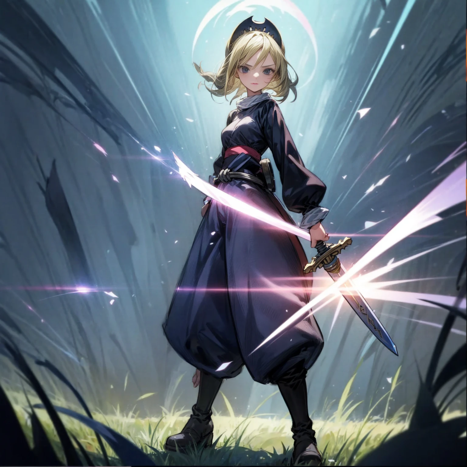 1girl, Full body version, 1character, black eyes, long Frizzy haircut, blonde colour hair, medieval clothing, long pants, headband, boots, Grassroots, full background in field town, motion blur, lighting, (one piece art), standing poses, sword in hand