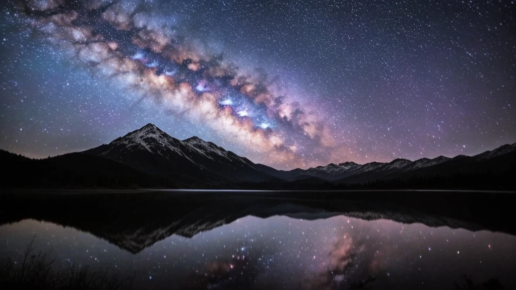 Starry sky over a lake with mountains in the background, stars reflecting on the water, The Tranquility of Infinite Stars, There is a Milky Way in the sky, Milky Way in the sky, Night Sky Photos, breathtaking stars, Gazing into space, astrophotgraphy, Night sky reflected on the water, Wonderful Milky Way, Timelapse
