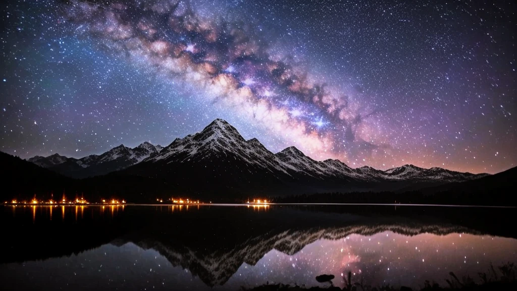 Starry sky over a lake with mountains in the background, stars reflecting on the water, The Tranquility of Infinite Stars, There is a Milky Way in the sky, Milky Way in the sky, Night Sky Photos, breathtaking stars, Gazing into space, astrophotgraphy, Night sky reflected on the water, Wonderful Milky Way, Timelapse