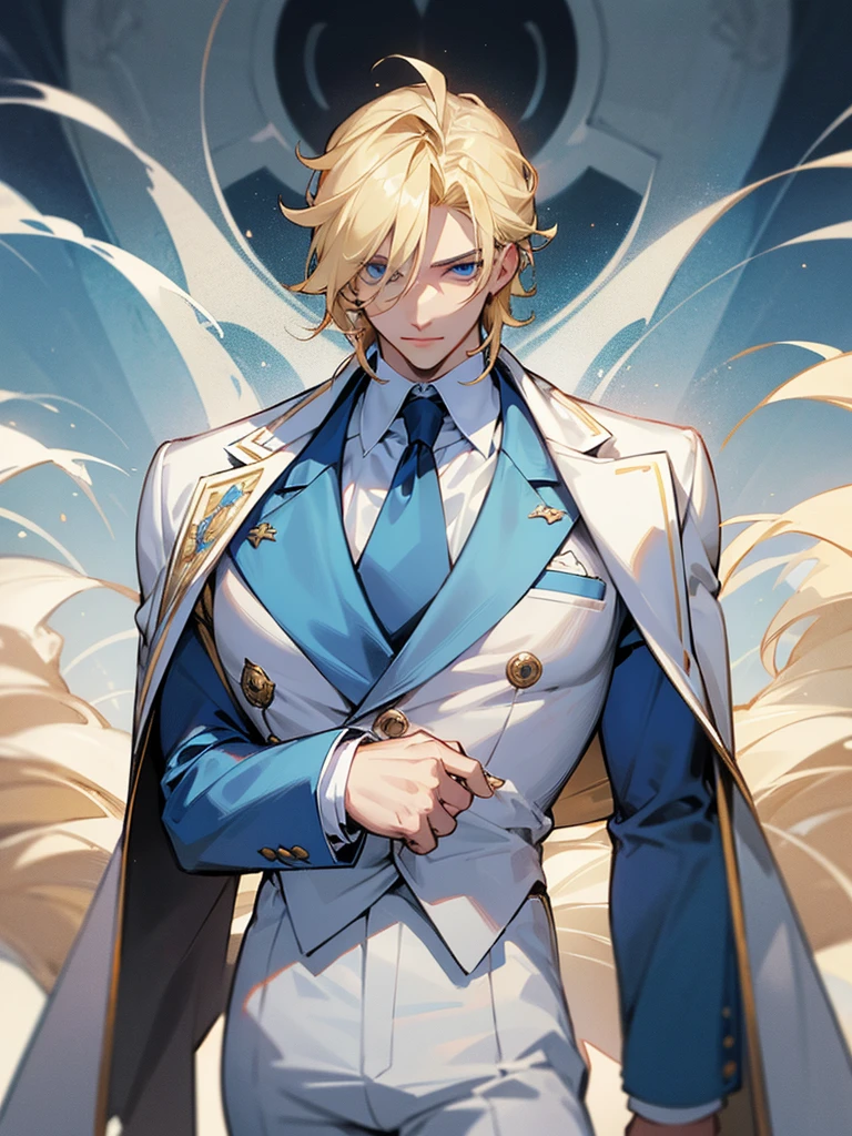 A blond, blue-eyed king, charming, attractive, muscular and wearing a white royal suit.