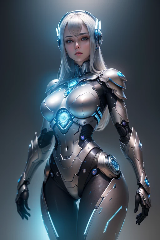 a beautiful cybernetic robot goddess, highly detailed silver metallic robot armor, futuristic sci-fi background, intricate mechanical parts, glowing blue energy, cinematic lighting, photorealistic, 8k, masterpiece, dramatic pose, advanced robotic technology