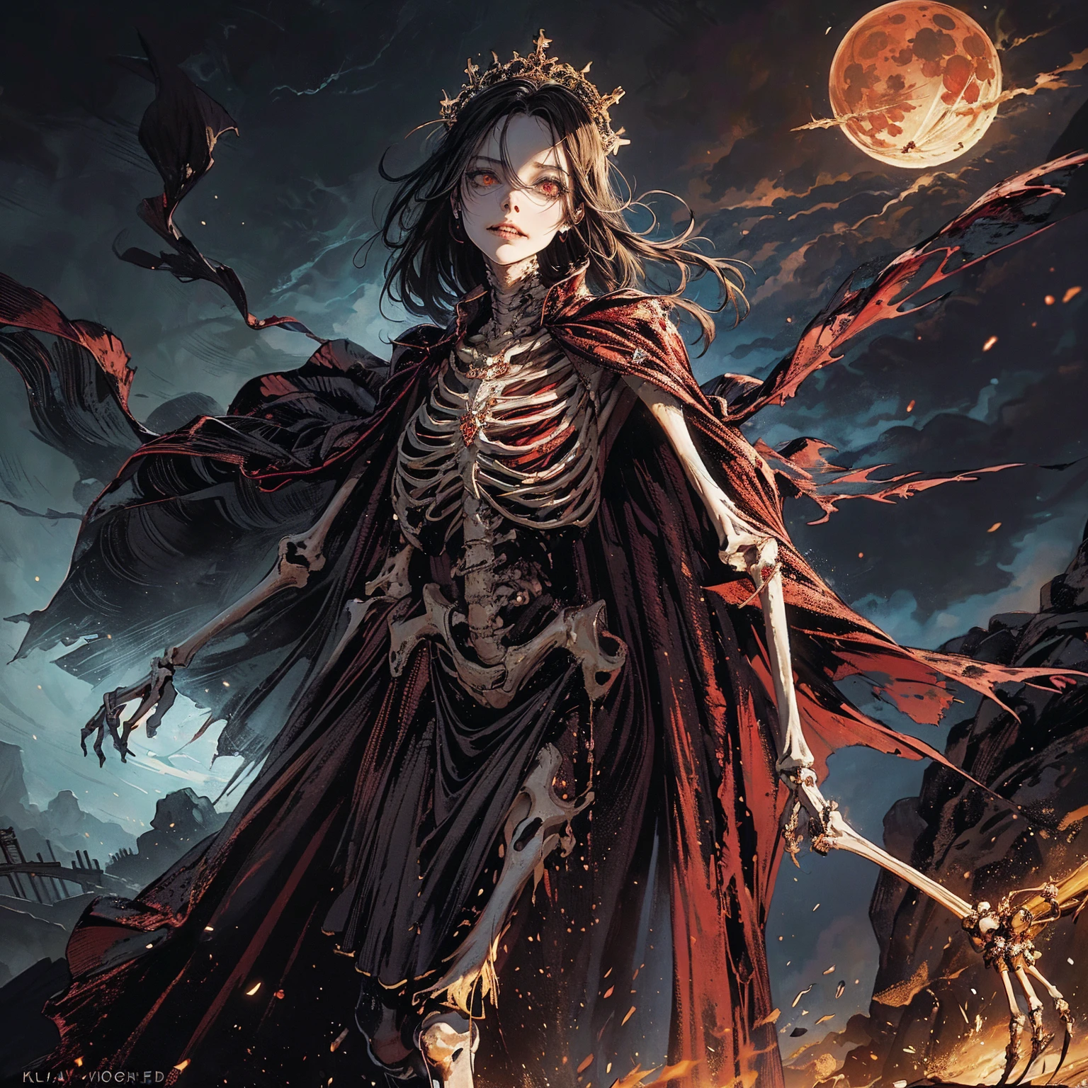 best quality, 4K, high resolution, masterpiece:1.2, Very detailed, actual:1.37, Mood lighting, An undead girl in a long cape, Whole body including two hands & two arms & two legs & two feet are all skeleton bones but except the head is still beautiful human face, Wearing a ragged gothic skirt, Aloofness emotion, Dangerous sneer, Beautiful but cruel smile, Black Hair, Standing, Facing the camera, Crucified, Pitch black sky, Blood-red moon, strange atmosphere, Gothic style, Unforgettable beauty, Dramatic shadows, Ethereal Light, Mysterious atmosphere.