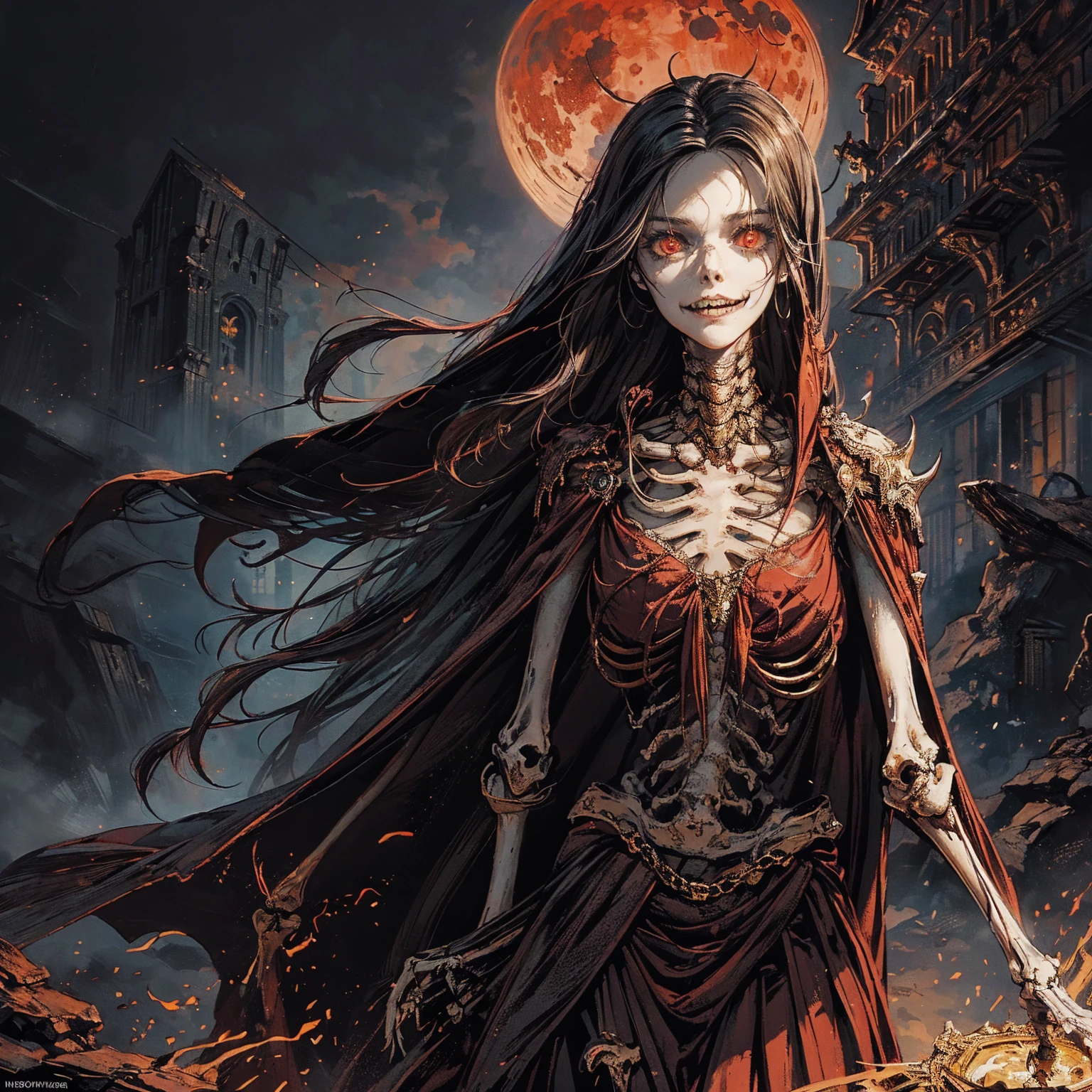 best quality, 4K, high resolution, masterpiece:1.2, Very detailed, actual:1.37, Mood lighting, An undead girl in a long cape, Whole body including two hands & two arms & two legs & two feet are all skeleton bones but except the head is still beautiful human face, Wearing a ragged gothic skirt, Aloofness emotion, Dangerous sneer, Beautiful but cruel smile, Black Hair, Standing, Facing the camera, Crucified, Pitch black sky, Blood-red moon, strange atmosphere, Gothic style, Unforgettable beauty, Dramatic shadows, Ethereal Light, Mysterious atmosphere.