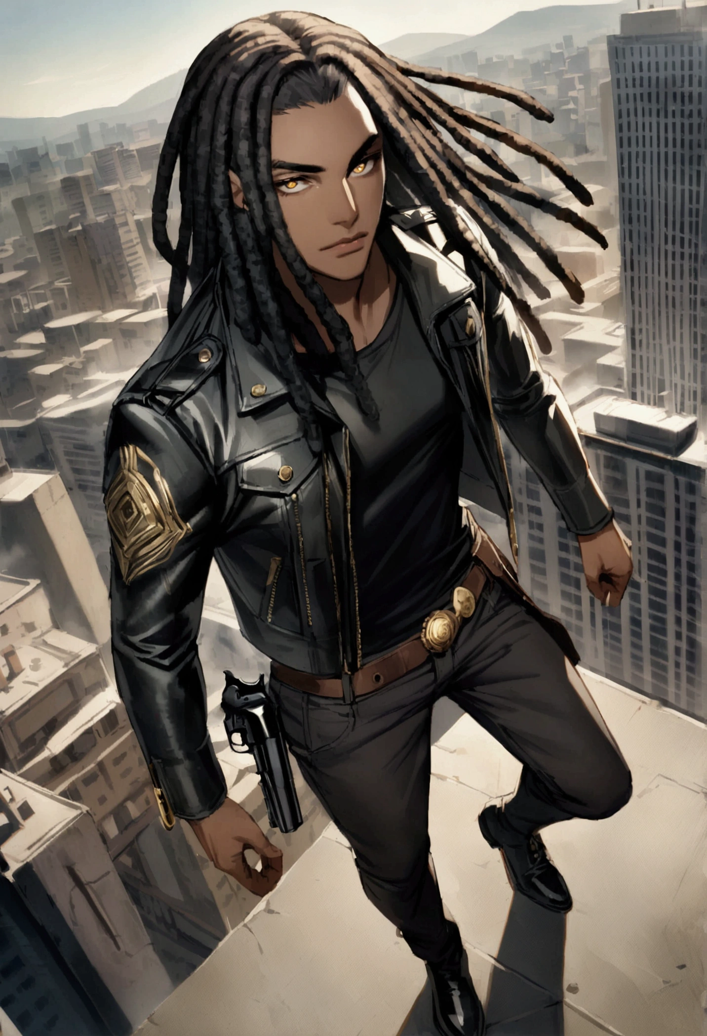 1 man, long black hair with dreadlocks, gold eyes, dark skinned, African, wearing black cowboy hat, black leather jacket, black shirt, black jeans, black boots, holster, revolver, athletic constitution, city, looking at the viewer