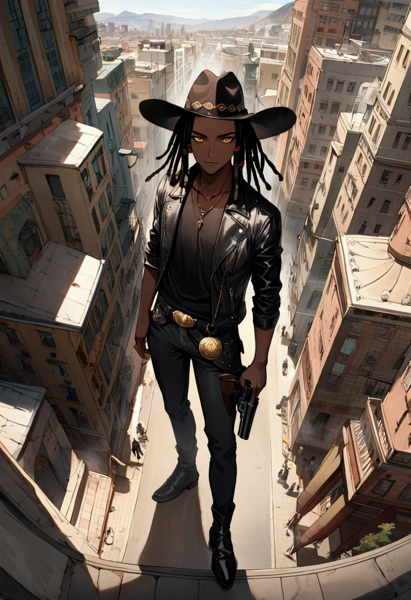 1 man, long black hair with dreadlocks, gold eyes, dark skinned, African, wearing black cowboy hat, black leather jacket, black shirt, black jeans, black boots, holster, revolver, athletic constitution, city, looking at the viewer
