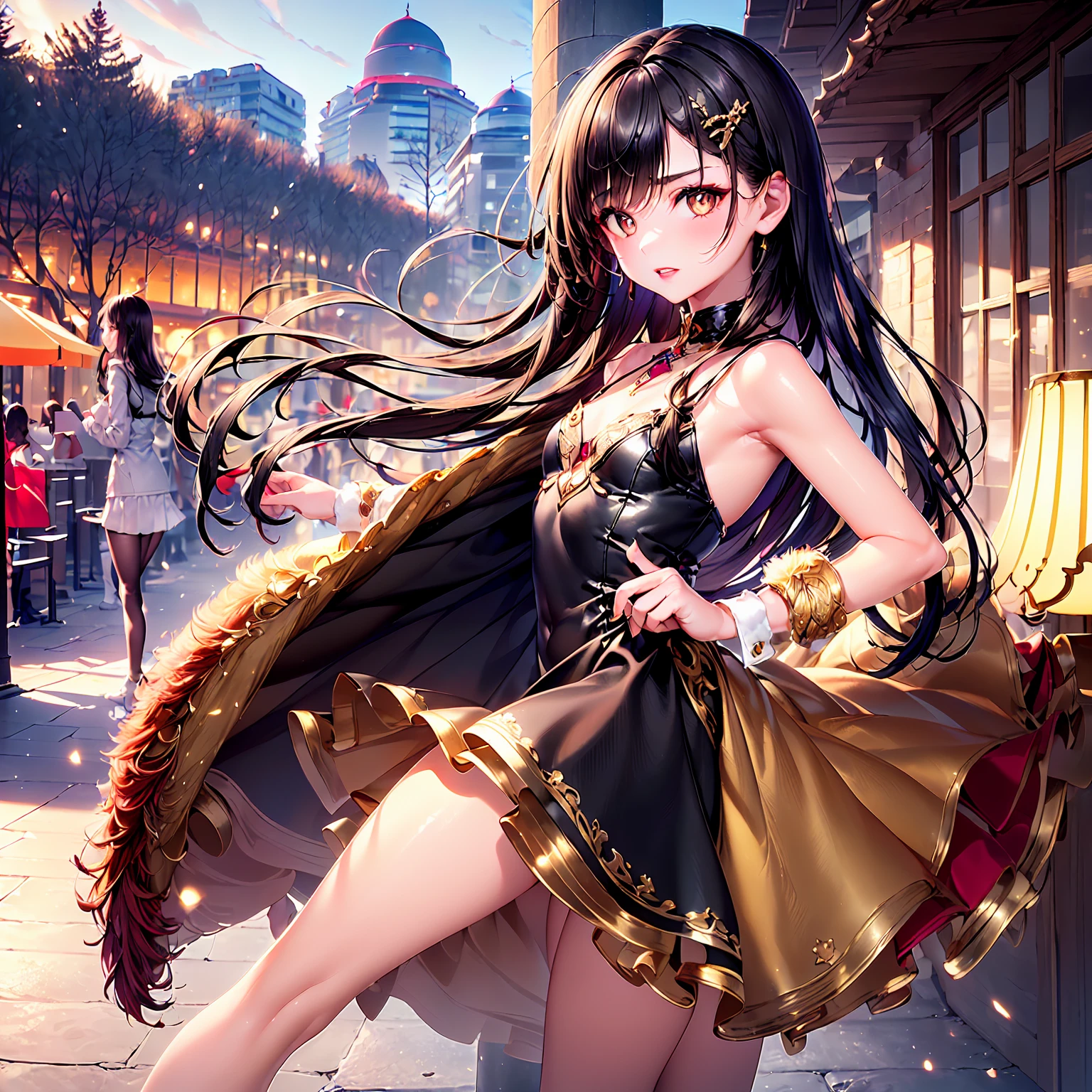1girl, (Masterpiece, high quality, highly detailed), (Pigeon breasts, A combination of East-West and conical, with breasts pointing slightly outward and appearing more triangular), wearing (Faux fur-trimmed parka dress), (She has large, almond-shaped, dark brown eyes that draw you in with their depth and warmth. Her small and slightly upturned nose adds a touch of delicate charm to her face. Her full, deep red lips are striking and captivating. Long, straight black hair cascades down her back, complementing her warm medium skin tone with a golden undertone. Thick and arched eyebrows frame her expressive eyes, highlighting her high and defined cheekbones. Her rounded chin and small ears, which sit close to her head, complete her elegant look. Her vibrant and expressive expression reflects a lively and engaging personality.), (background: winter, outside, street), Standing with back straight, facing away, backside view.