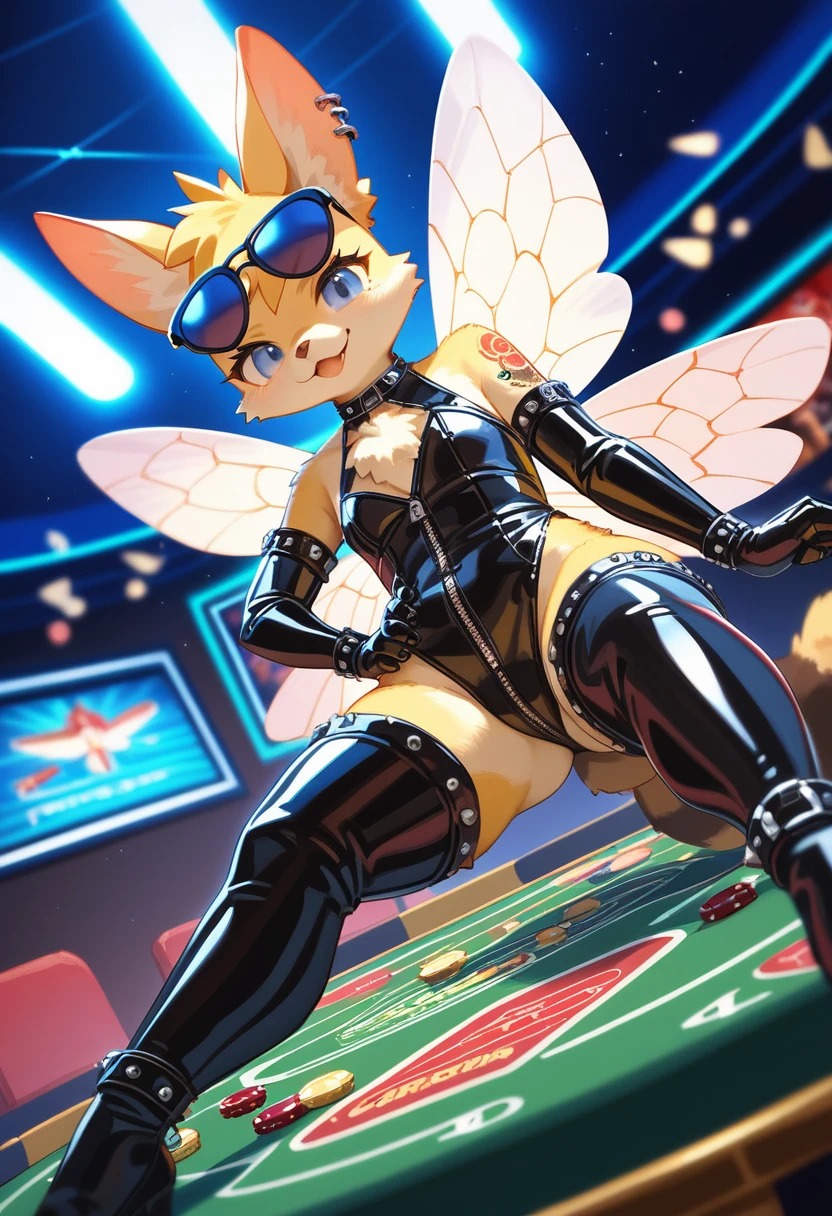 Highest quality, Highest quality, High quality illustrations, masterpiece, Ultra-high resolution, Detailed Background, casino, Absurd, Perfect Anatomy, performance, Good lighting, Shadows in the movies(kemono, Furry Personifi猫ion), bee, latex, neon, neonカラー, cyber punk, 蜜beeの衣装, 蜜beeコスプレ, ラバーの蜜beeの尻尾, Bee Wings, enamel, sunglasses, Tattoo, first round, Dynamic Angle